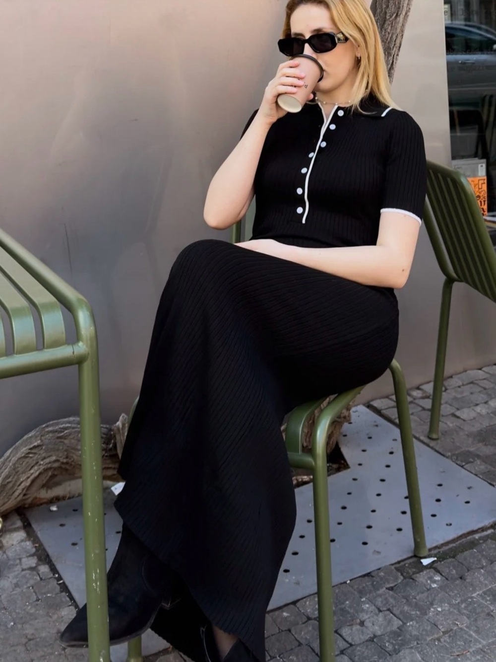 MEROKEETY Black Ribbed Knit Polo Maxi Dress